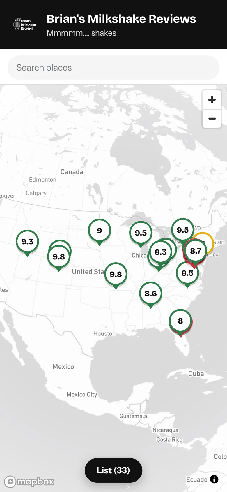 Brian’s Milkshake Reviews on Crumbtrail: a map of the United States with score-colored pins from Utah to Florida and a List button